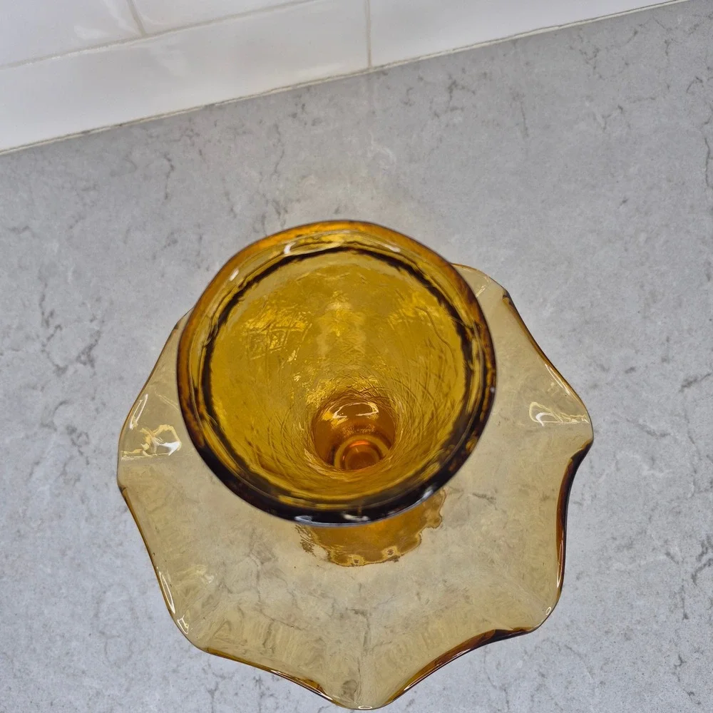 Vintage Epergne Vase‎ Amber Diamond Quilted Ruffled Glass 10 Inch 2 Piece